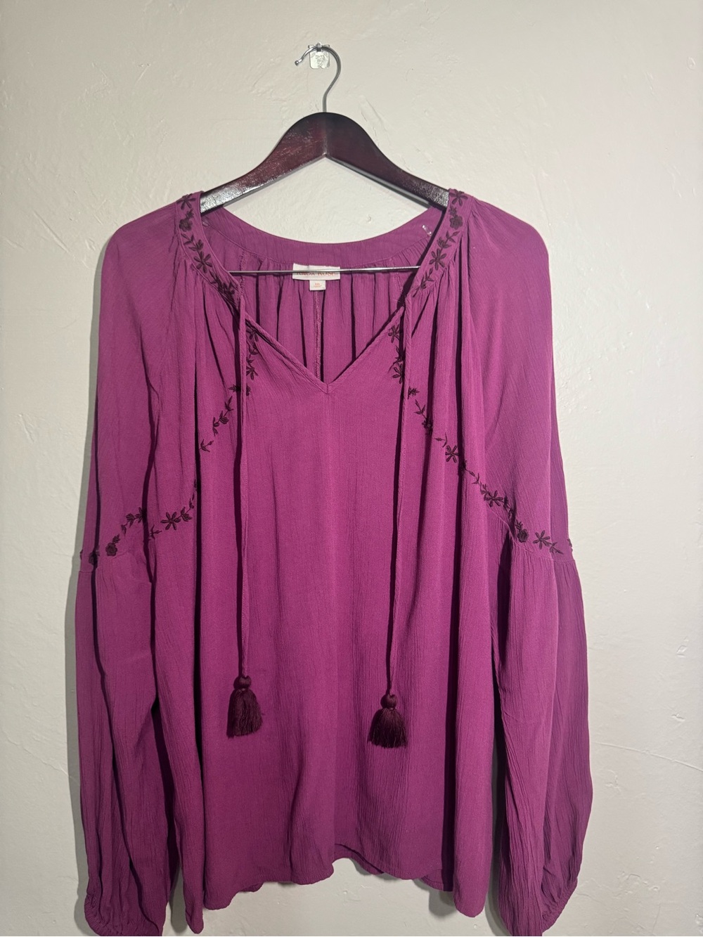 Knox Rose Magenta‎ Purple Embroidered Boho Peasant Blouse Tassel Tie XXL